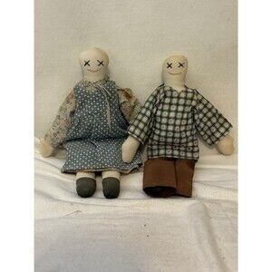 Vintage Primitive Rag Dolls Pair 9.5" Handmade Cloth Folk Art Country Stitched